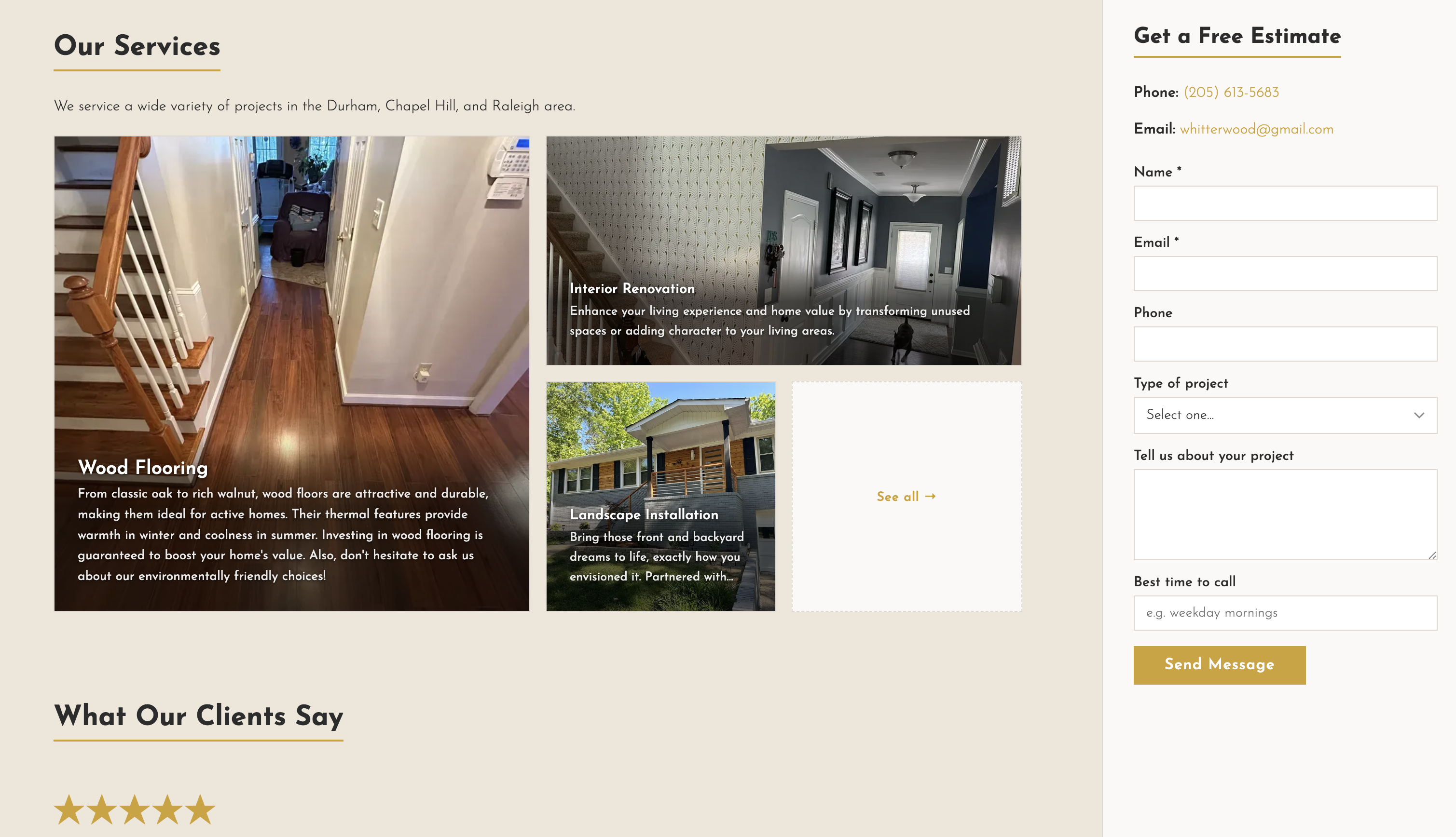 The design has a form sidebar and services, reviews, and portfolio in the content